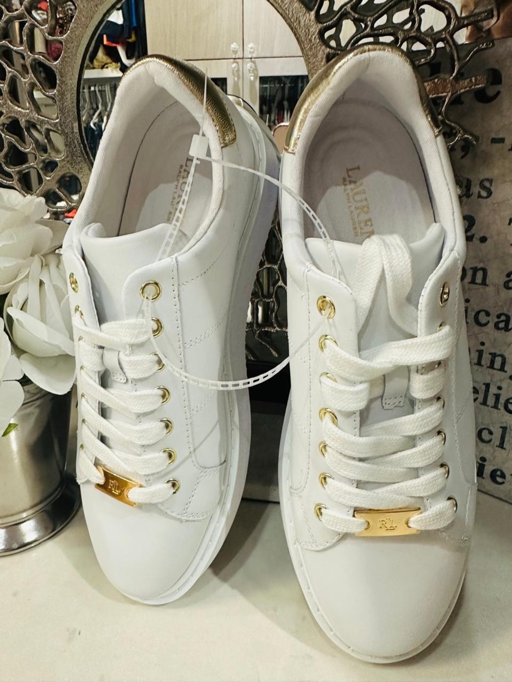 LAUREN Ralph Lauren White Sneakers with Gold Heel Accent 100% Brand New